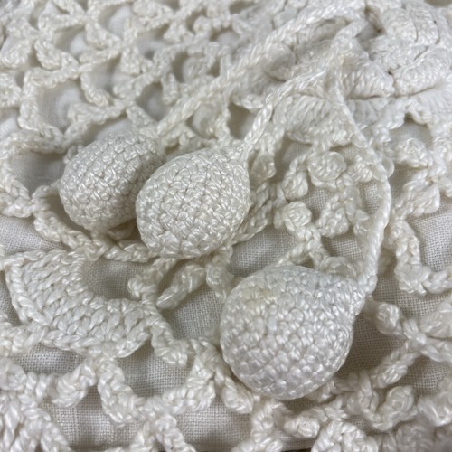 Antique Reticule Crochet Drawstring Miser Purse White Lined Puffy Tassels Poms - Picture 12 of 14