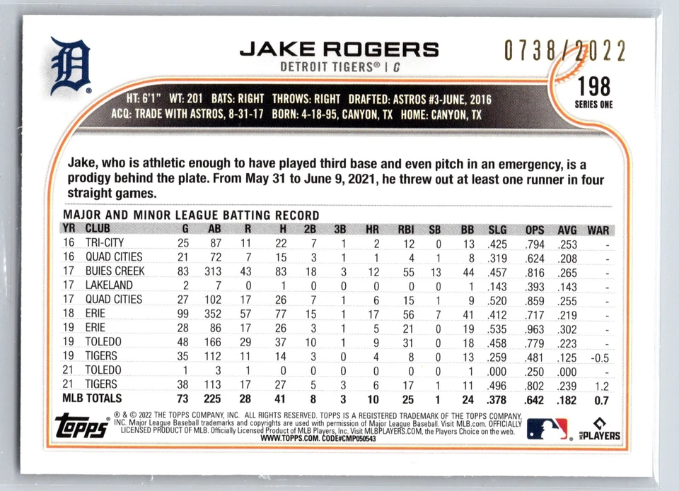 2022 Topps Baseball Jake Rogers 198 Detroit Tigers Bronze 0738/2022 - Image 2 of 2