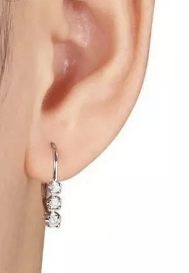 3 Stone 1/2CT Diamond Earrings 14K White Gold Leaver Back Style - Image 4 of 4