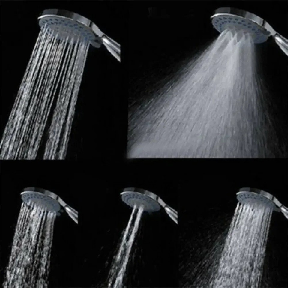 High Pressure Handheld Shower Head – 5 Settings, Stainless Steel, With 5 FT Hose, Silver