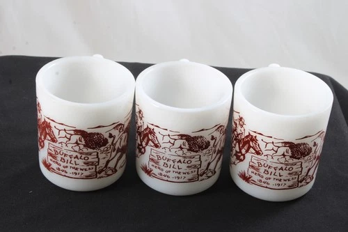 Vintage 3 Buffalo Bill Anchor Hocking Milk Glass Mugs
