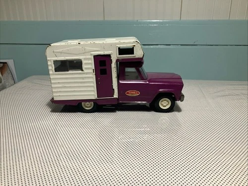 Vintage 1960's Tonka Jeep Pressed Steel Truck and Camper - Purple and White 9.5"