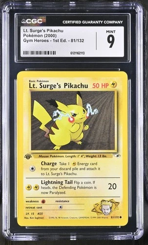 CGC 9 MINT Lt. Surge's Pikachu Gym Heroes 1st Edition 81/132 Pokemon Card