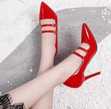 Womens Buckle High Heels Pointed Toe Patent Leather Stilettos Double heel Shoes 