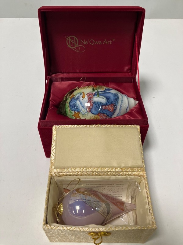 Two Ne'Qwa Art Hand-Painted Glass Christmas Ornaments With Boxes