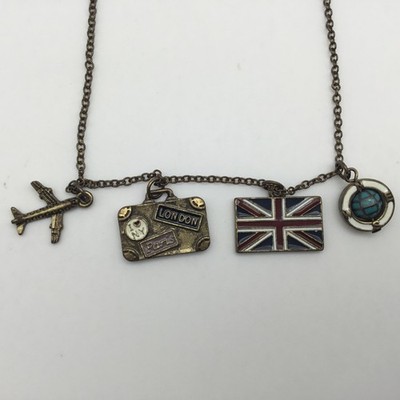 Claire's Necklace w/Globe Traveler Trinkets  Compass British Flag Jet Suit Case