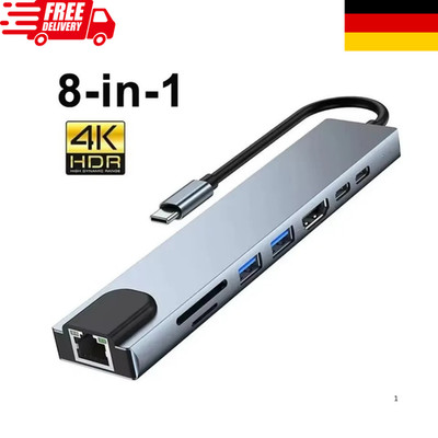 USB-C Hub 8-in-1 Adapter 4K HDMI RJ45 Ethernet USB 3.0 SD TF Card Reader PD