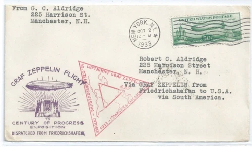GRAF ZEPPELIN C18 FDC Baby Zeppelin Oct 2 1933 NY, NY to Germany Via South Amer