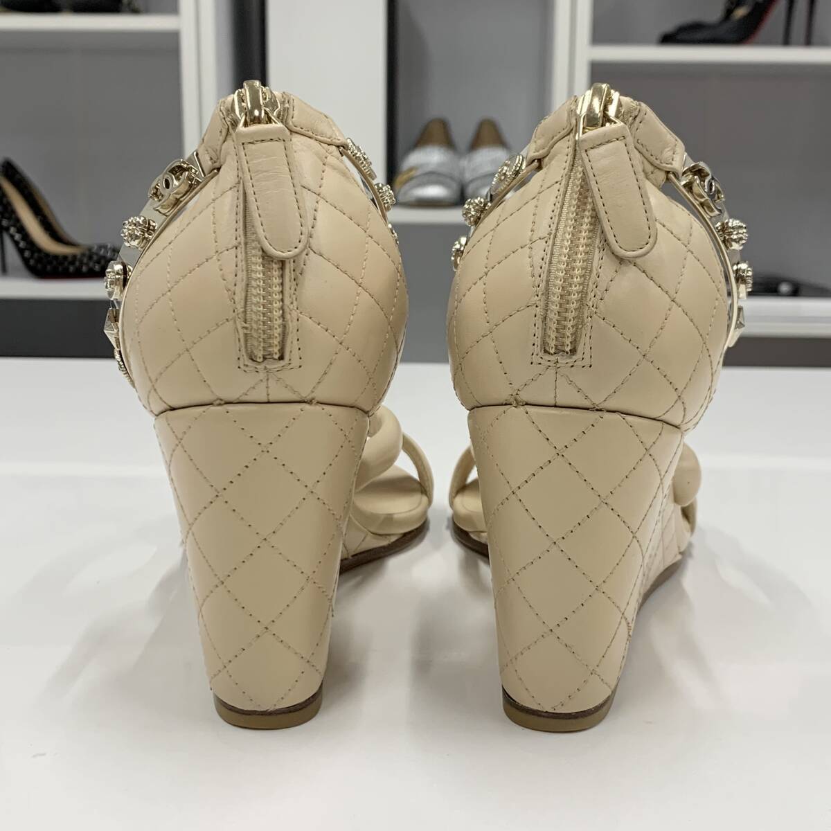 Chanel Leather Coco Mark US6.5 EU37 Icon Wedge Metal Strap Chanel Leather Coco Mark US6.5 EU37 Icon Wedge Metal Strap