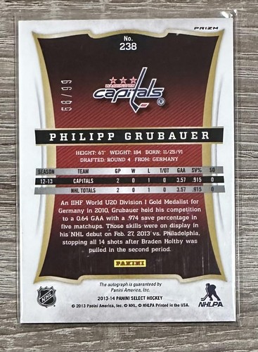 Panini Select #238 Philipp Grubauer Silver Prizms 2013-14 automático #/99 - Imagen 2 de 2