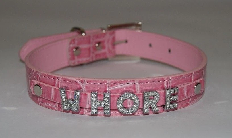 FOREVER FETISH WHORE Pink Bondage Collar Slag Slut Sexy Slave Sub Submissive Faux Leather UK