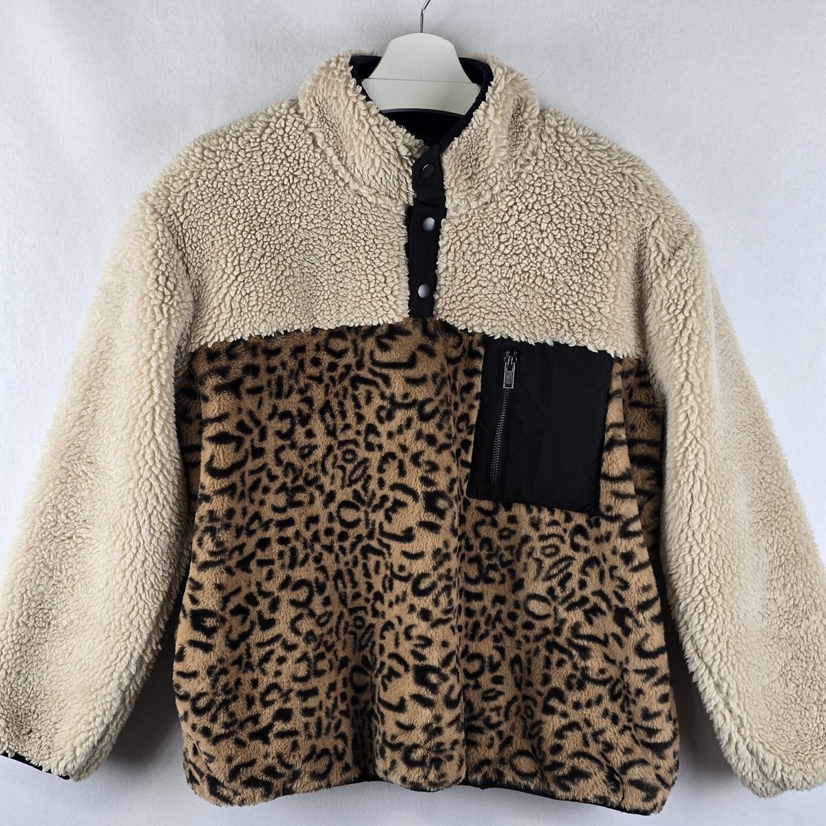 Rails Sz M Saga Fleece 1/4 Snap Pullover Cream Leopard Fall