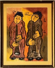 LEVI VINTAGE MODERN ABSTRACT CUBISM MIXED MEDIA OIL PAINTING MUSICIANS MUSIC 60s