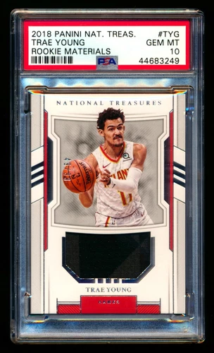 2018-19 NATIONAL TREASURES TRAE YOUNG RC ROOKIE MATERIALS JERSEY #49/99 PSA 10!