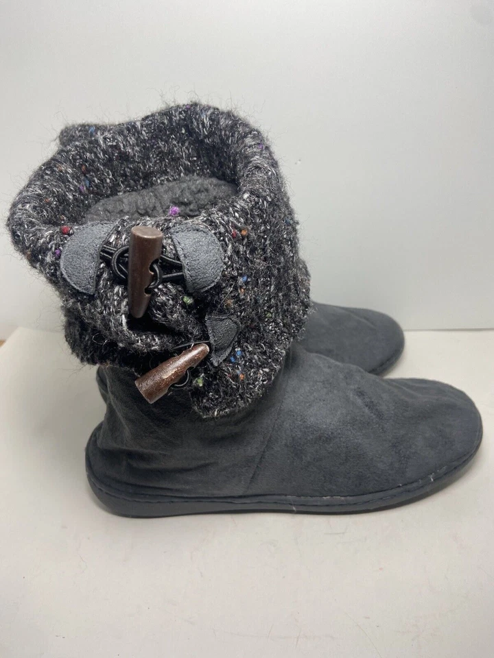 Sherpa Lined Knit Top Faux Leather Bootie Slippers Womens Size Medium Dark Grey - Image 2 of 4