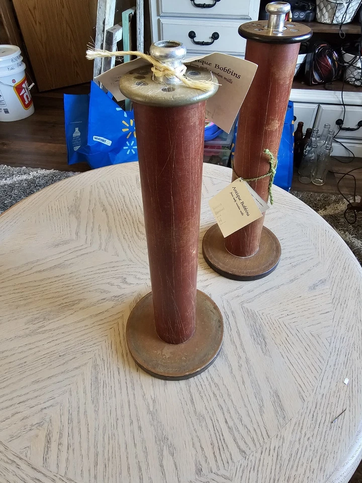 Vintage Industrial Wooden/composite Bobbins Spool Metal Textile Candlestick 13" - Image 3 of 4