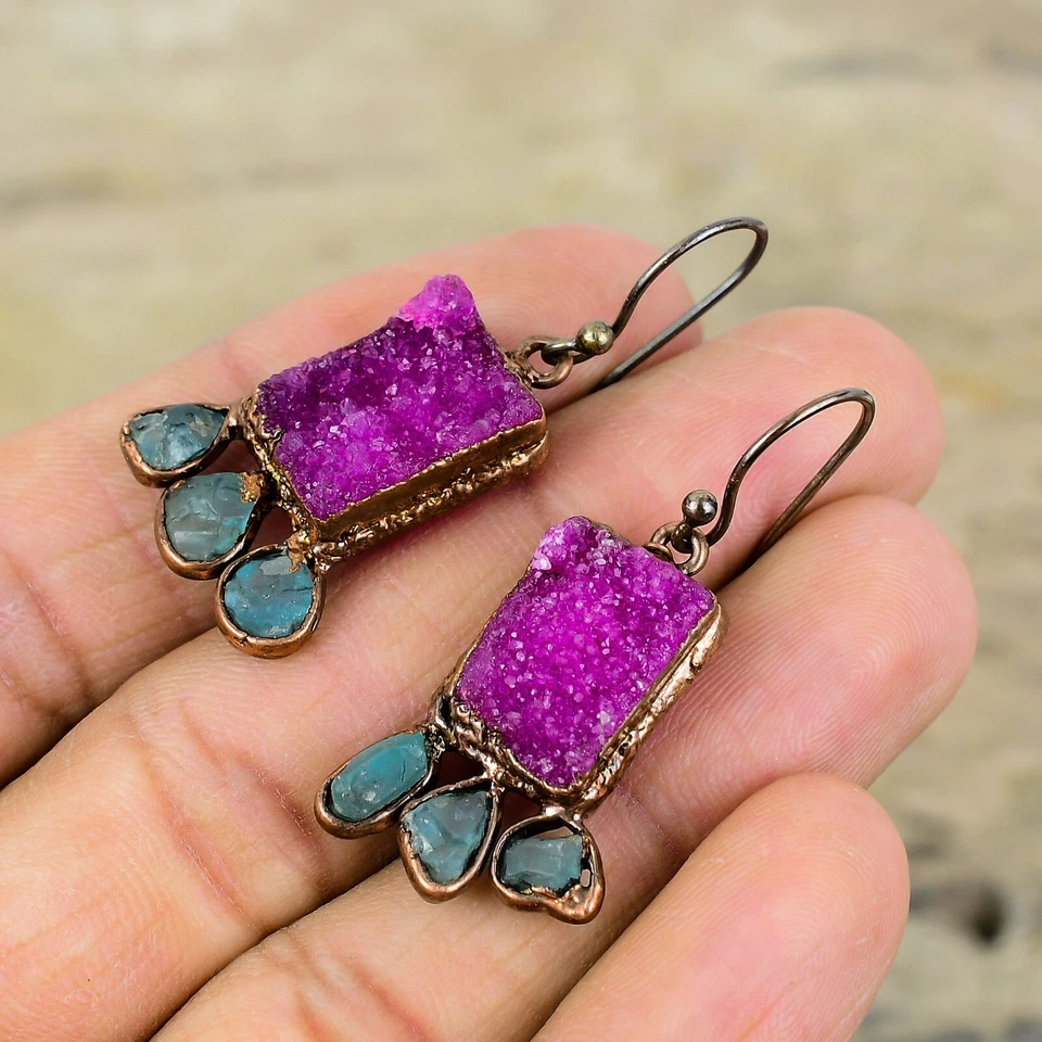 Pink Druzy Jewelry Copper Mom Gift Electroformed Drop/Dangle Earrings 1.77" - Image 4 of 4