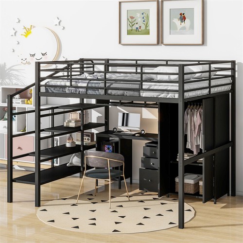 Full Size Metal Loft Bed w/Desk Set ,Wardrobe & Storage Shelves for Teen Adults - Picture 17 of 18