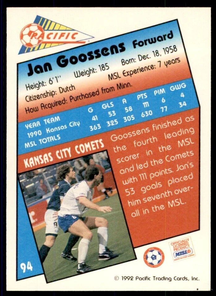 1992 Pacific MSL Jan Goossens Kansas City Comets #94 - Image 2 of 2