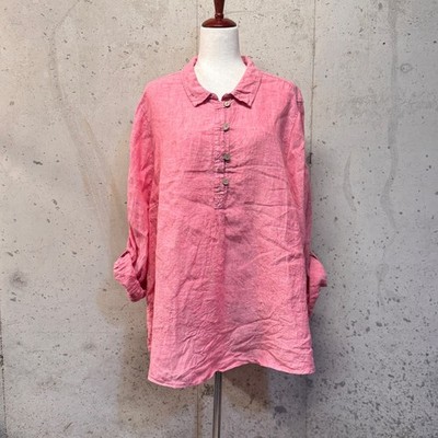 Sigrid Olsen Linen Tunic Women 3X Pink Henley Roll Tab Coastal Boho Lagenlook