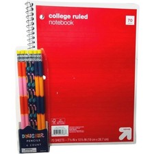 College Ruled Notebook 70 Sheets 7.5x10.5 Red Cover Dinosaur Pencils 6 Pac