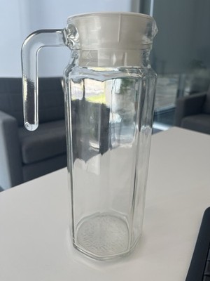 Vintage Glass Refrigerator Water Pitcher with White Pour Spout Lid, Hexagonal