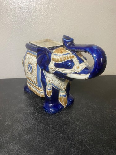 Vintage Elephant Plant Pedestal Stand, 14x9 (WxH), Ceramic, Blue/White, NICE! - Picture 3 of 7
