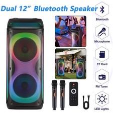 Dual 12'' Portable Bluetooth Speaker Karaoke W/Mic Subwoofer FM Heavy Bass Sound