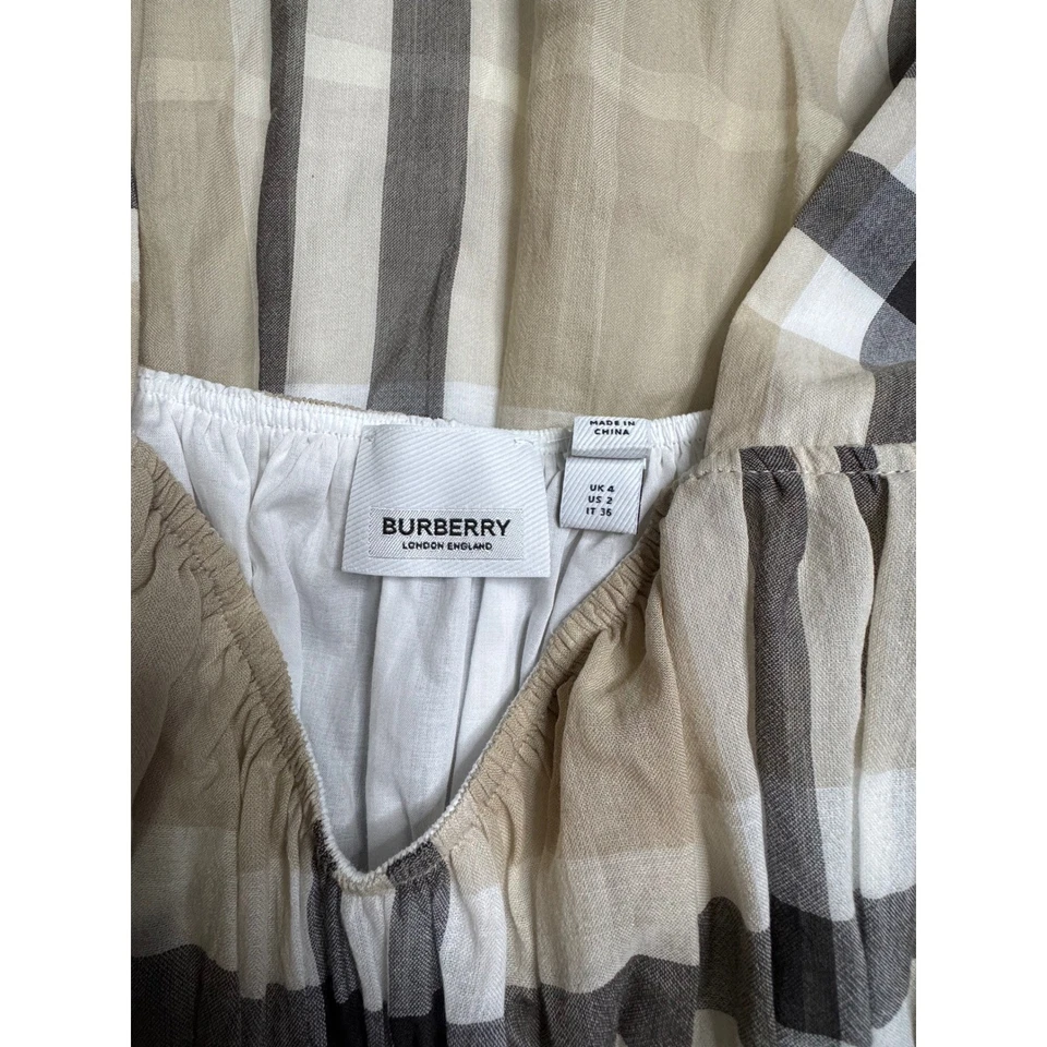 2016 Burberry Smocked Nova Check Midi Dress Beige Plaid 100% Cotton UK4 US2 - Image 2 of 4
