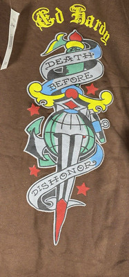 NWT Ed Hardy Death Before Dishonor Brown long sleeve 1/4 button Loose Men's XXL