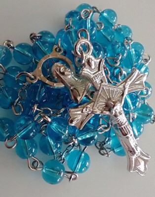 Catholic Aqua Turquoise Color Lt Blue Glass 5 Decade Rosary Silver Tone Crucifix