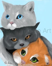 ACEO ATC Art Card Painting Print Signed Cat Cats Kitten Sisters Pet Animal