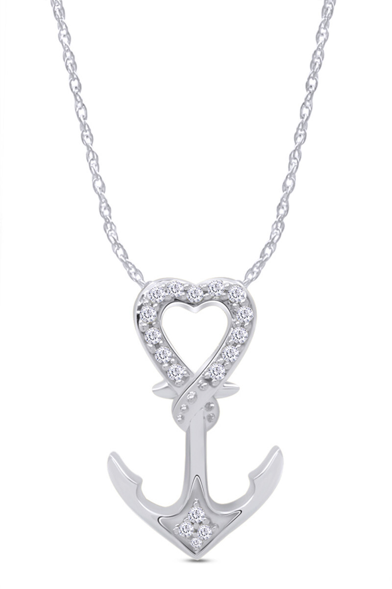 Heart Anchor Pendant 1/10ct Natural Round Diamond 10K Solid Gold With 18" Chain
