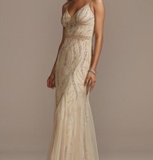 Beaded Overlay V-Neck Gown NEW