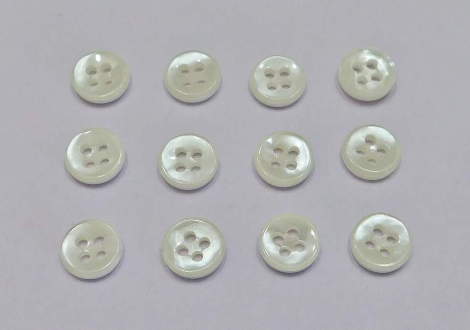 Set 12 Vintage Off White Pearly Shell Buttons Tiny 3/8" 4-Hole Flat - Image 2 of 4