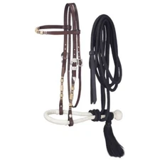 Western Brown Leather Rawhide Braided Headstall with Bosal and Nylon Reins
