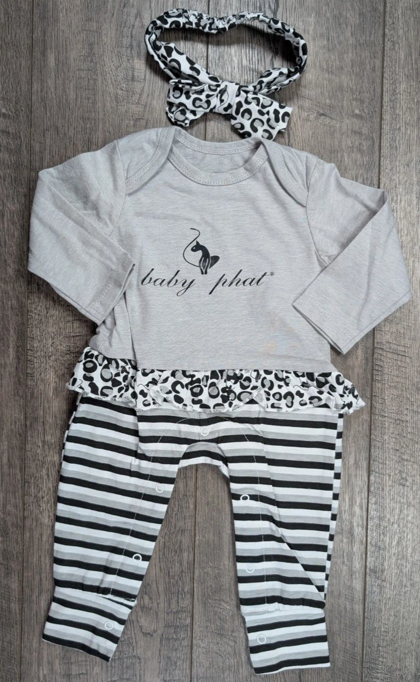 Baby Girl Clothes Nwot Baby Phat 0-3 Month 2pc Gray & Black Outfit & Headband