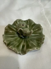 Elephant On Leaf Green Ceramic Incense Burner Holder or Ring Holder