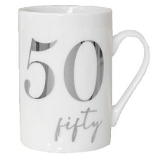 White Bone China Mug with Silver Foil Number - 50th Fifty Birthday