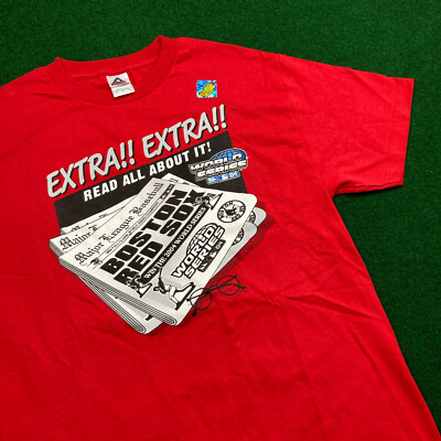 New Vintage Boston Red Sox Shirt Mens L Red 2004 World Series Newspaper Y2K NWT