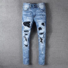 Men's Punk Retro Ripped Slim Pleated Denim Jeans Black Riveted Patch Blue Pants