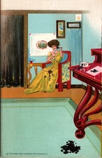1909 Artist Postcard Stylish Lady Spilt Ink Writing Letter, Uses Phone Instead