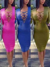 Sexy Deep V Neck Cross Bandage Hollow Out Slim Bodycon Dress Women Long