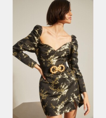 Oasis dress Black And Gold Floral Jacquard A-Line Dress size