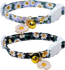2 Pack Cotton Breakaway Cat Collars with Bell Daisy Pendant for Kittens