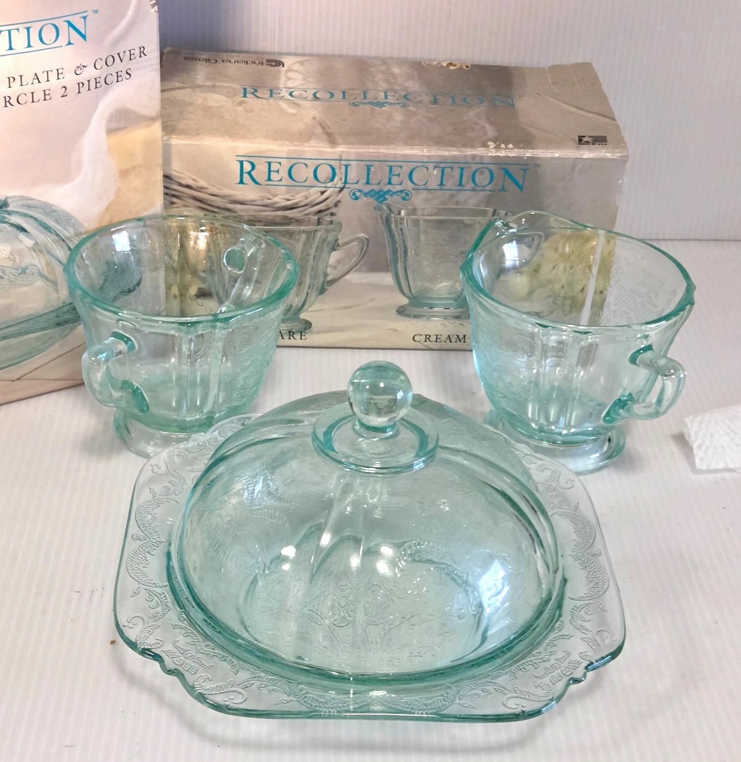 Vintage Set Indiana Glass Recollection Covered Butter Dish +Cream/Sugar TEAL
Opens in a new window o