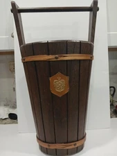 Rare Vintage 24" Tall Rustic Staved Primitive Wooden Bucket Umbrella Stand Crest