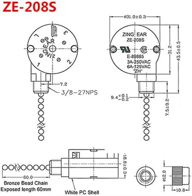 Ceiling Fan Switch Zing Ear Ze-208S E89885 3 Speed 4 Wire Pull