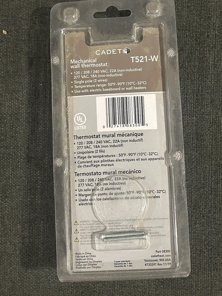 Cadet Mechanical Wall Thermostat T521-W Electric Baseboard or Wall Heaters NEW - Image 4 of 4