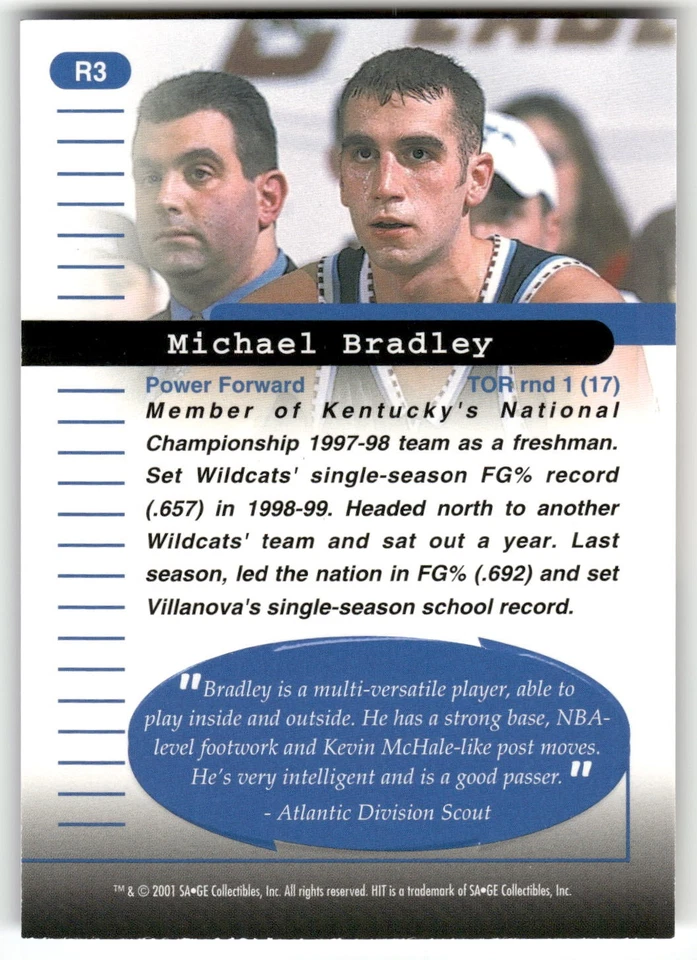 Michael Bradley 2001 SAGE HIT Rarefied Bronze #R3 SN Villanova Wildcats - Image 2 of 2